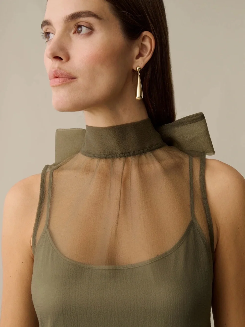 Sleeveless Olive Maxi Dress with Sheer High Neck - Picture 3 of 6